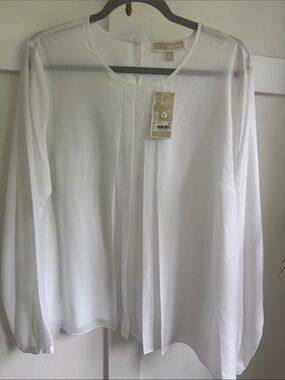 Michael Kors White Long-Sleeve Pleated Front Blouse